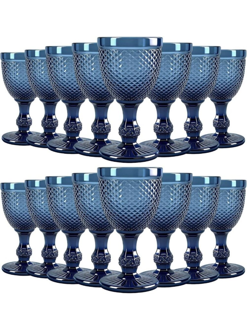 16 Pcs Vintage Blue Glass Goblets Set - Embossed Diamond Design, 10 oz Drinkware